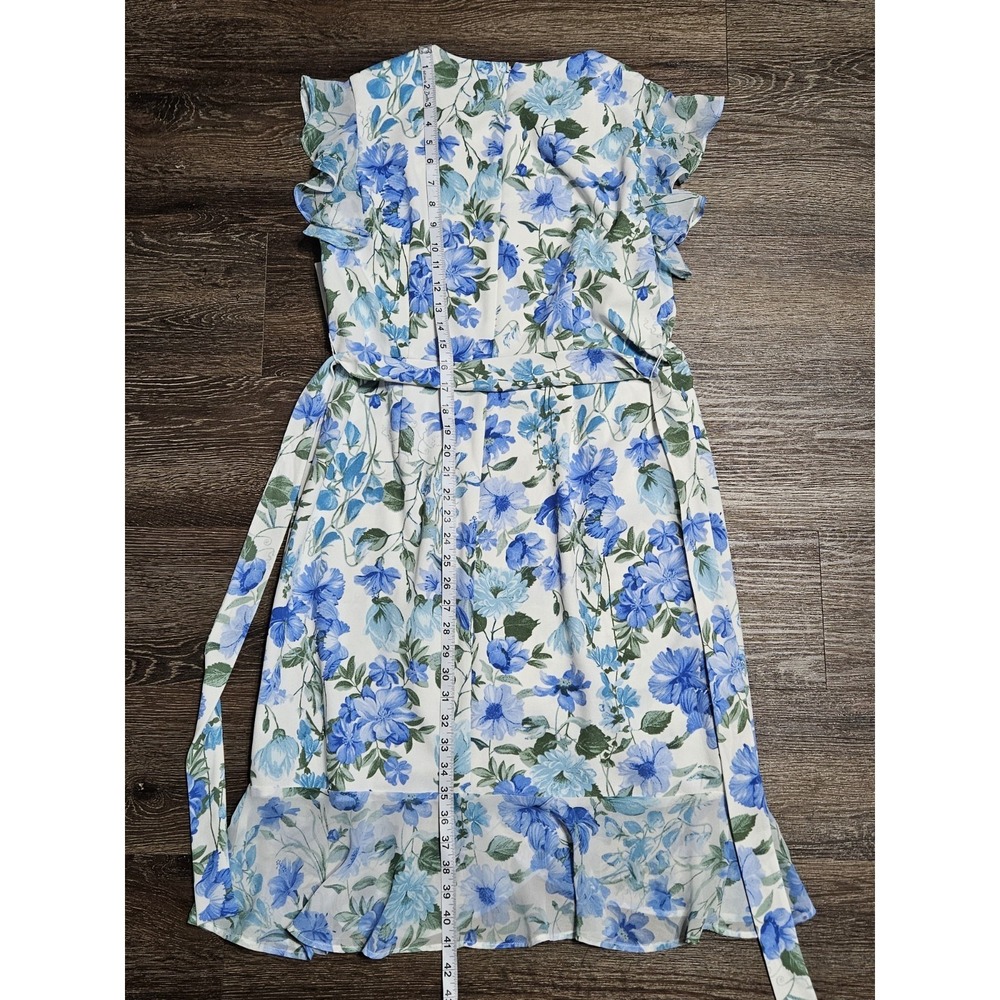 Shelby & Palmer Blue Floral Faux Wrap Ruffle Belted Sheath Dress - Picture 9 of 12